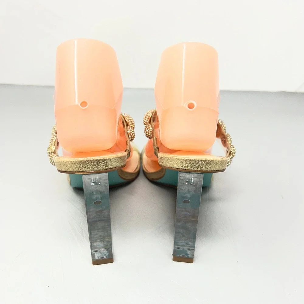 Betsey Johnson Women Sandals 8.5 Y2K Clear Heel Gold Statement Rhinestone Party